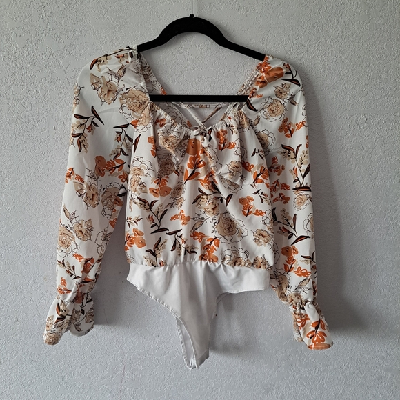 SHEIN Tops - SHEIN Floral Bodysuit in Cream and Orange